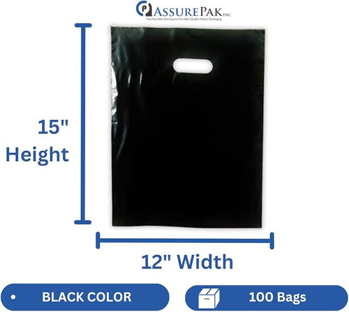 ASSUREPAK Black Plastic Merchandise Bag - 100 Bags - LDPE Die Cut Handle Bag for Retail, Store, Market, Convenience Store - 12"x15" - 1.5 mil