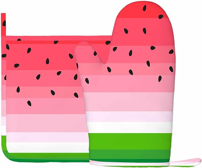 Mxocom Watermelons Oven Mitts and Pot Holders Sets Summer Fruit Watermelon Slice with Black Seeds Red Green Stripes Silicone Heat Resistant Kitchen Oven Gloves Pot Holder for Cooking