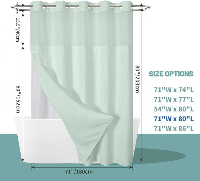 eachope MintGreen Long No Hook Waffle Weave Shower Curtain with snap-in Liner Replacement, 230GSM Waterproof Fabric Hotel Shower Curtain Set for Bathroom, Through Mesh Top Window,71Wx80H