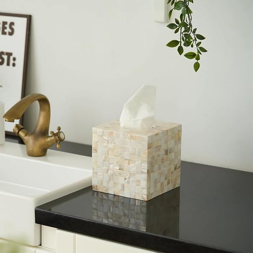5.9” Mother of Pearl Tissue Box Cover for Kleenex and More – Handcrafted Square Tissue Holder with Sliding Bottom – Decorative Napkin Dispenser for Bathroom, Bedroom, Kitchen, Office