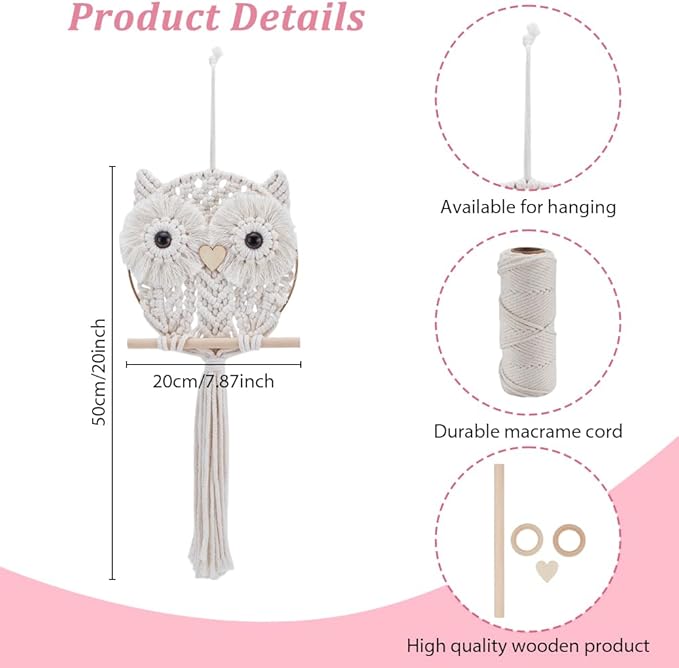 FREEBLOSS Macrame Owl Kit for Beginners Macrame Wall Hanging Kit White Cotton Cord DIY Owl Kit with Video Tutorial Hanging Decor for Adults Gift