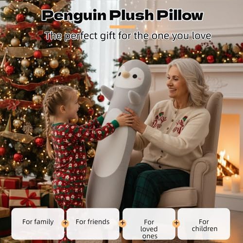 Somao Penguin Plush Pillow - 35.4 Inch Long Stuffed Animal, Ultra Soft Cuddle Pillow for Kids & Adults, Huggable Penguin Toy Gift for Birthday, Christmas, Valentine's Day (Gray)