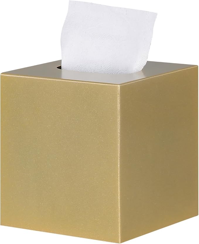 HOUSE DIARY Metal Square Tissue Box lid, Modern Facial Tissue Holder for Bathroom Vanity Tops, Bedroom Dressers, Nightstands, Desks, Offices (Gold)