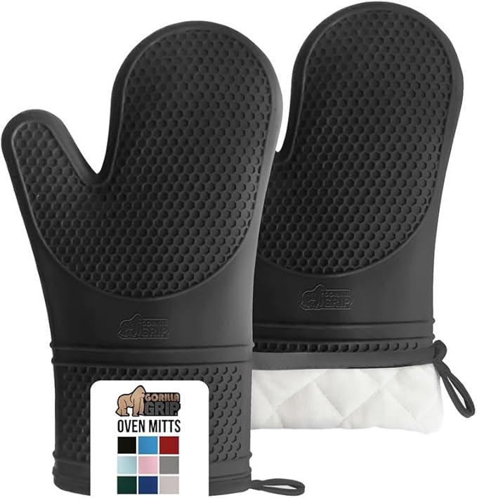 GORILLA GRIP BPA-Free Soft Silicone Oven Mitts, Heat Resistant and Waterproof Cooking Safety Gloves, Thick Cotton Lining, Flexible Gripping, Kitchen Potholders Set, for Grilling, BBQ, 12.5x8.3, Black