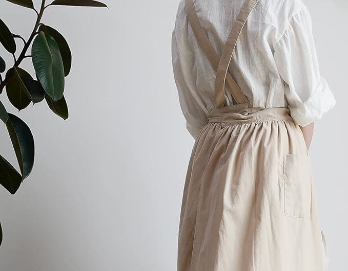 Japanese apron Women-Cross Back Apron for Women with Pockets, Pinafore Aprons, Womens Cotton Linen Apron