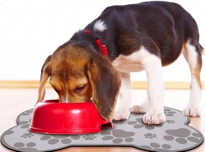 Dog Food Mats for Floors Waterproof, Pet Feeding Absorbent Water Bowl Mat Cat Placemats Gray Bone Shape 25.5 * 17 inch