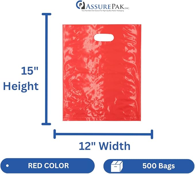 LDPE Die Cut Merchandies Bags - 500 Bags - 12"x15" - 1.5 mil - Red - 1215DCRED - AssurePak