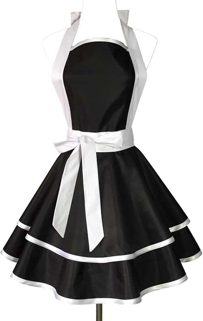 Hyzrz Lovely Handmade Cotton Retro Black Aprons for Women Girls Cake Kitchen Cook Apron for Mother's Gift (White)