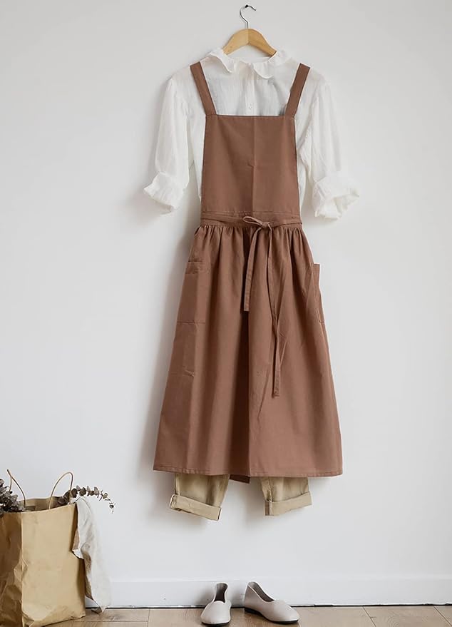 Japanese apron Women-Cross Back Apron for Women with Pockets, Pinafore Aprons, Womens Cotton Linen Apron
