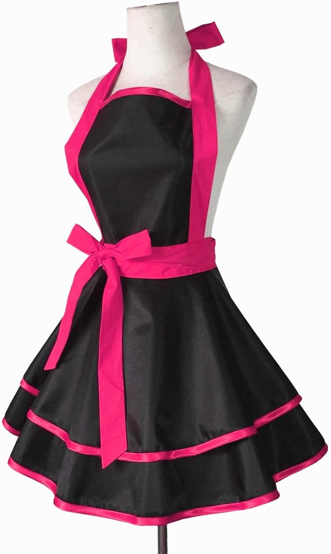 Hyzrz Lovely Handmade Cotton Retro Black Aprons for Women Girls Cake Kitchen Cook Apron for Mother's Gift (Red Rose)