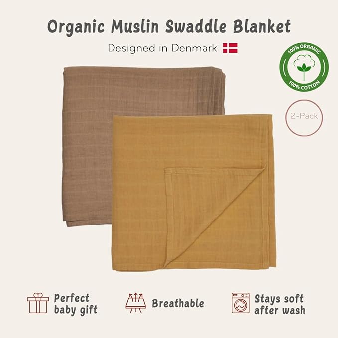 Huxie Swaddle - 100% Organic Cotton - Muslin Swaddle Blankets for Newborn, 47" x 47" 2-Pack (Autumn Yellow/Natural)
