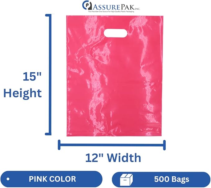LDPE Die Cut Merchandies Bags - 500 Bags - 12"x15" - 1.5 mil - Pink - 1215DCPINK - AssurePak