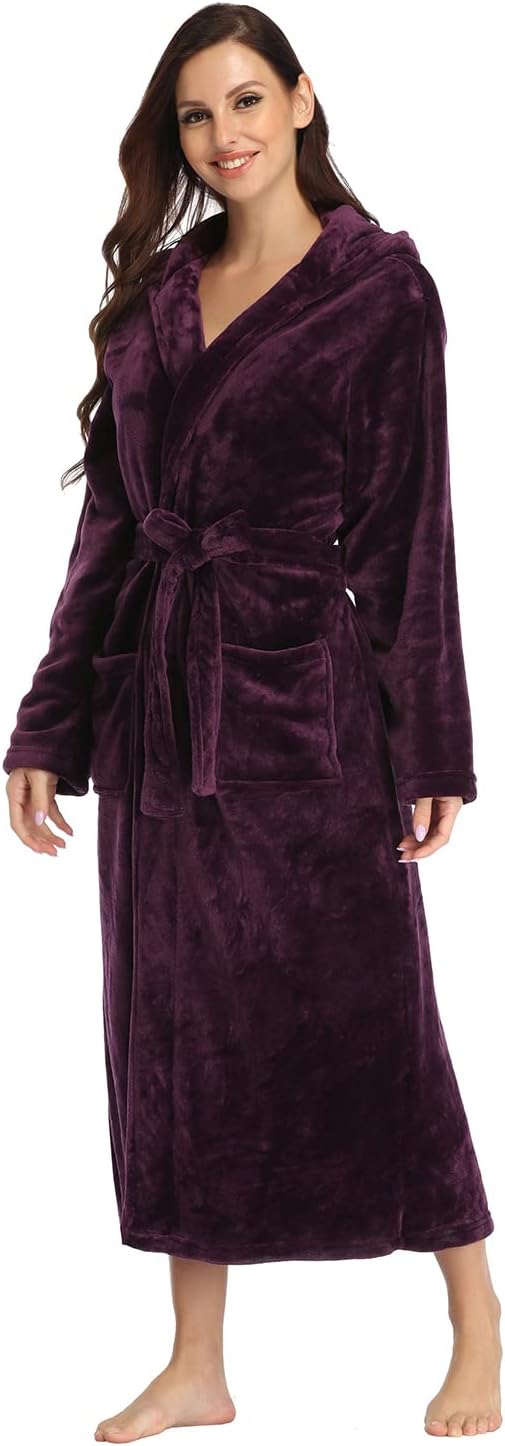 RONGTAI Womens Robes Plush Fleece Hooded Bathrobe Thick Nightgown with Pockets Fluffy Sleepwear