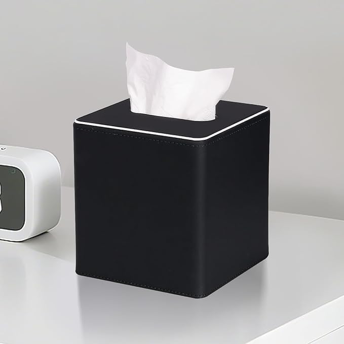 KINGFOM Leather Tissue Box Cover – Square Modern PU Leather Tissue Holder, Cube Tissue Dispenser for Home, Office, Bedroom, Bathroom – Elegant Minimalist Style (Black-Square)