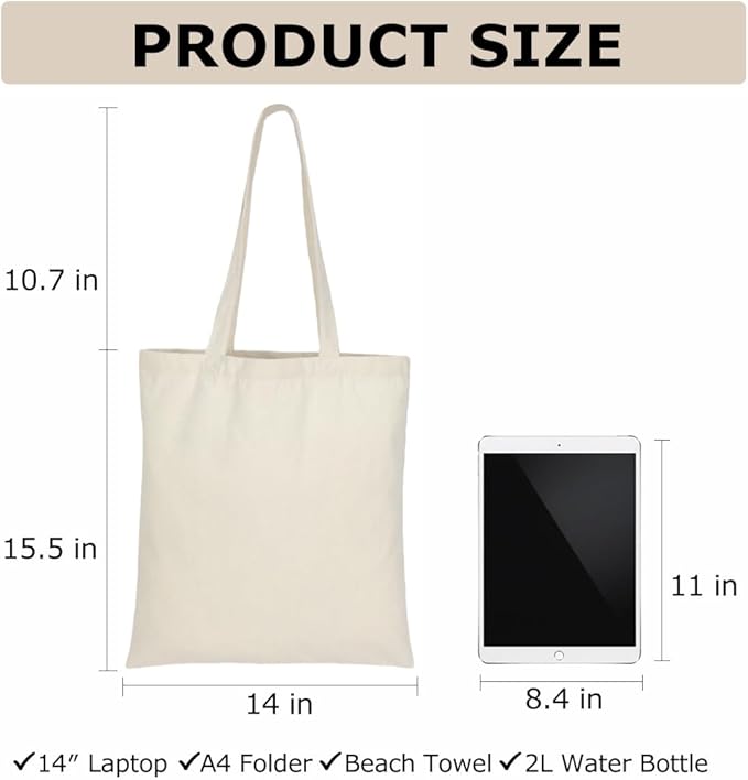 BUOGIO 6 Pack Natural 10oz Plain Canvas Tote Bags Bulk Blank Reusable Shopping Bag 14" x 15.5" for Custom Printing, Promotional, Gifts