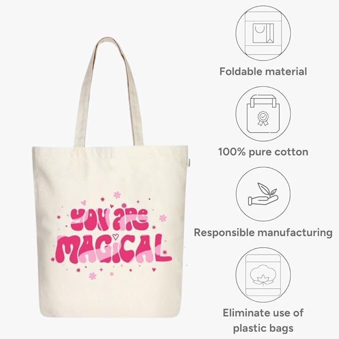 Ecoright Tote Bag for Women with Zipper, Small Tote Bag, Canvas Bag, Reusable Cotton Bag for Beach, Grocery, School & Work