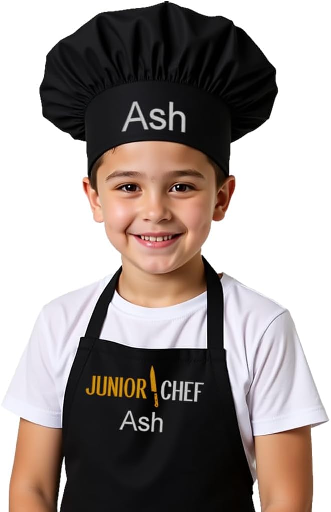 Made in the USA Personalized Embroidered Premium Child Apron and Chef Hat for Kids Girls Boys Fun in the Kitchen Gift (JuniorChef, Long with hat)