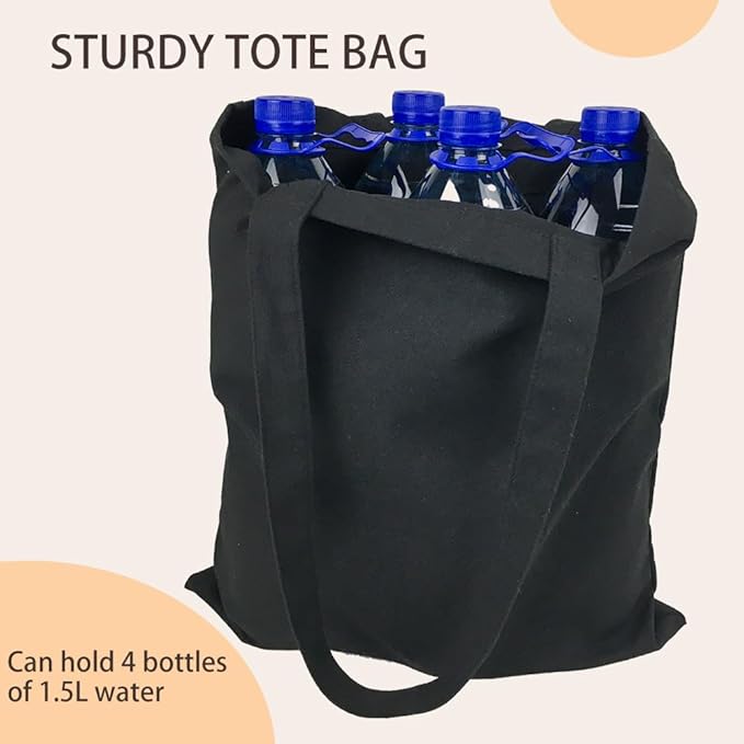 BUOGIO 12 Pack Black 10oz Plain Canvas Tote Bags Bulk Blank Reusable Shopping Bag 14" x 15.5" for Custom Printing, Promotional, Gifts