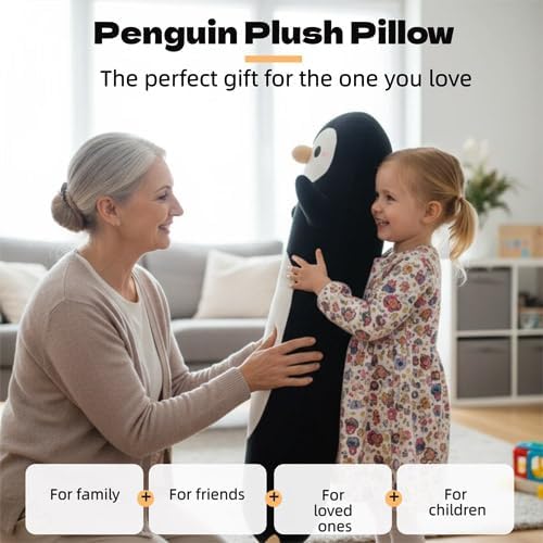 Somao Penguin Plush Pillow - 23.6 Inch Long Stuffed Animal, Ultra Soft Cuddle Pillow for Kids & Adults, Huggable Penguin Toy Gift for Birthday, Christmas, Valentine's Day (Black)