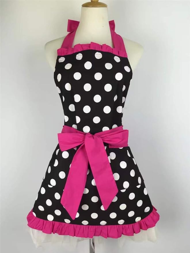 Hyzrz Cute Apron Retro Black Polka Dot Retro Ruffle Side Vintage Cooking Aprons with Pockets for Women Girls (Side Rose Red)