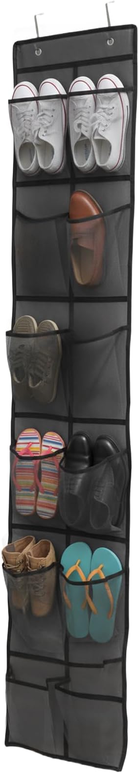Auvotuis Over the Door Shoe Organizer, 12 Mesh Pockets Hanging Shoe Organizer with 4 Metal Hooks (Gray)