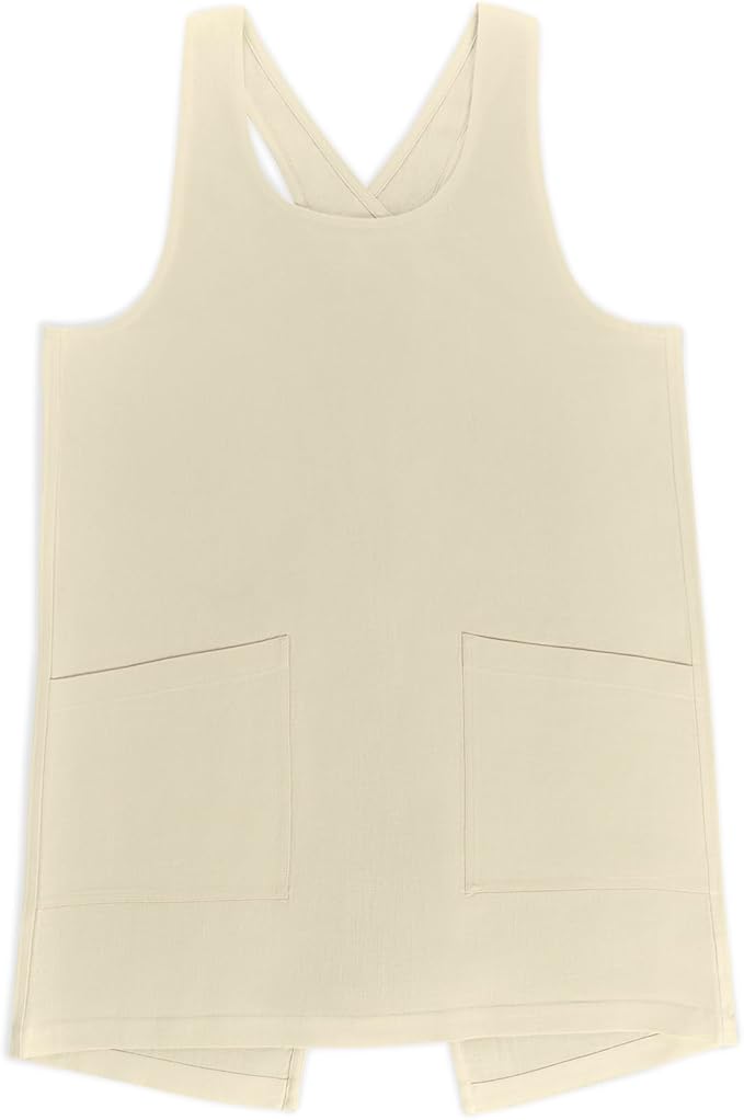 Solino Home Cross Back Linen Apron with Pockets for Gardening, Kitchen - Creamy Ivory Pinafore Smock Apron 100% Pure Linen for Men & Women - Handcrafted from European Flax