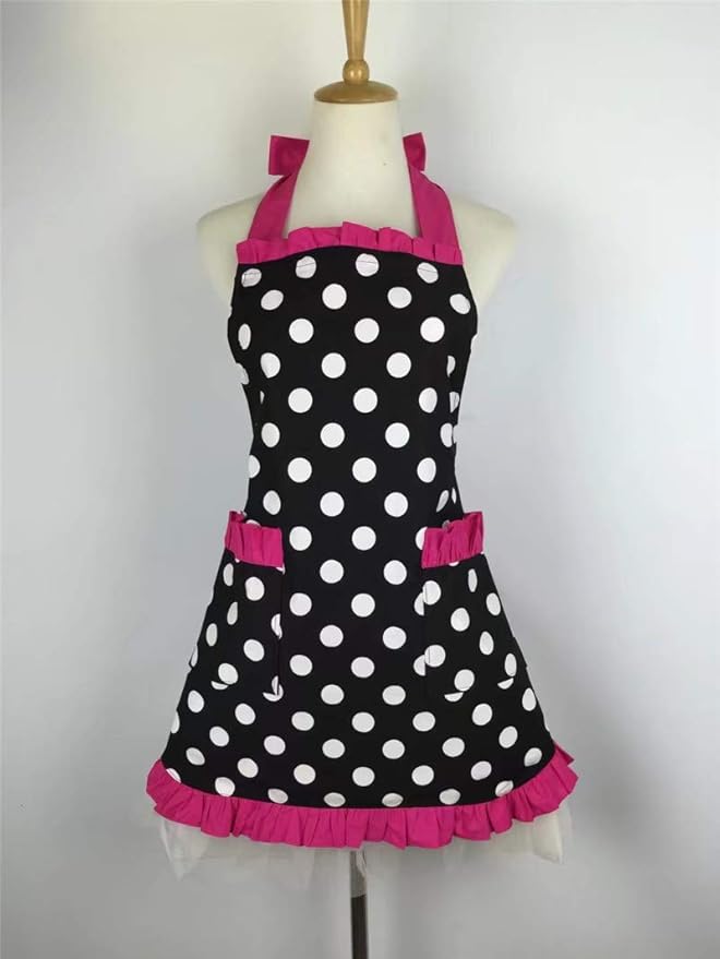 Hyzrz Cute Apron Retro Black Polka Dot Retro Ruffle Side Vintage Cooking Aprons with Pockets for Women Girls (Side Rose Red)