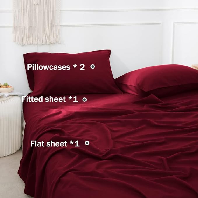 Simple&Opulence Belgian Linen Sheet Set Solid Color - 4 Pieces (1 Flat Sheet, 1 Fitted Sheet & 2 Pillowcases) Natural Flax Cotton Blend Soft Breathable Farmhouse Bedding - Queen Size, Burgundy Red