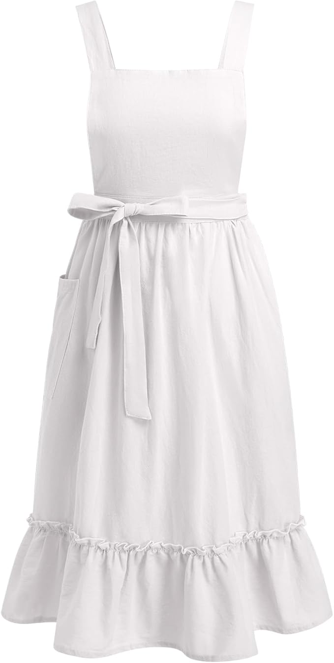 ODIZLI Frill Apron for Women Cotton Cross Back Vintage Ruffle Apron for Garden Cooking Aprons
