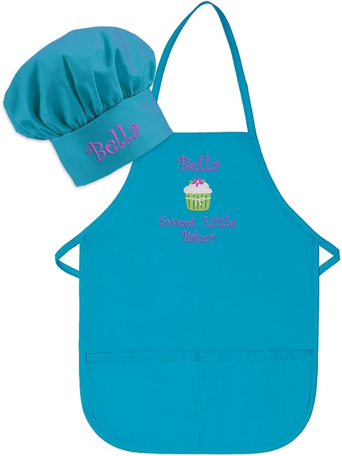Made in the USA Personalized Embroidered Premium Child Apron and Chef Hat for Kids Girls Boys Fun in the Kitchen Gift