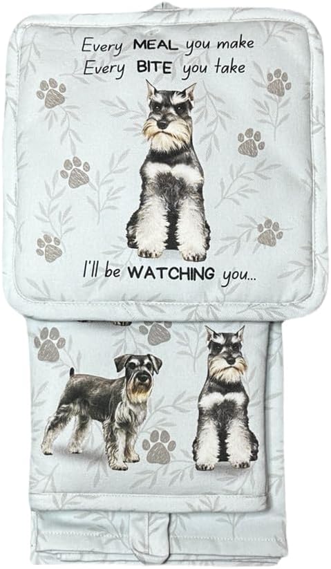 Schnauzer 3-Piece Kitchen Set - Oven Mitt, Pot Holder & Kitchen Towel Set, Heat Resistant up to 420 F, Soft Quilted Cotton for Cooking, Baking, BBQ, Pet Lover Gifts (Schnauzer)