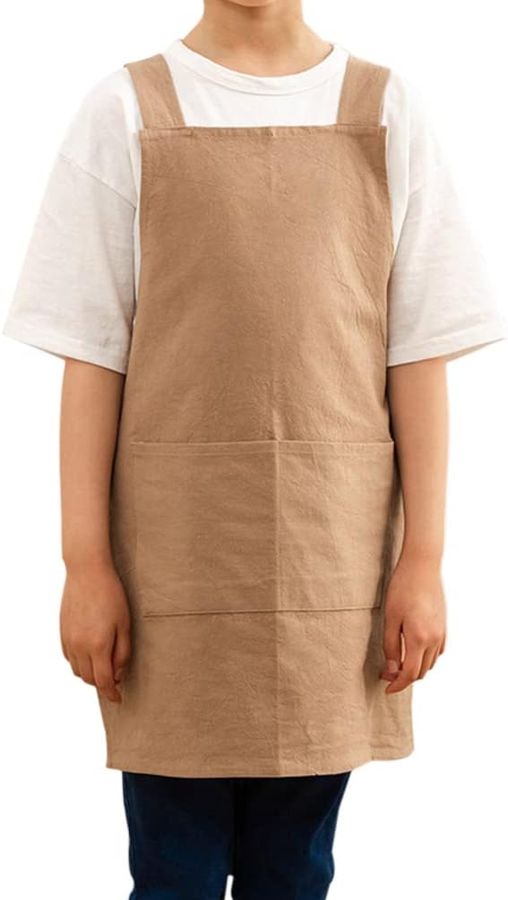 Kids Cotton Cross Back Aprons Children Chef Pure Child Apron with 2 Pockets for Baking Painting Cooking