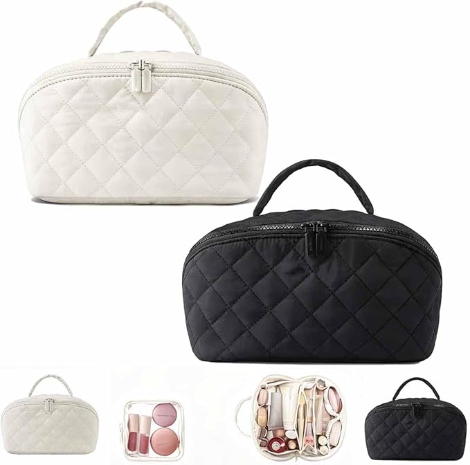 Petition Travel Makeup Bag For Women - Quilted Makeup Bag,180° Open Lay-Flat Cosmetic Case,5 Colors Large Capacity Waterproof Make Up Bag Set,With Compartments (White+Black)