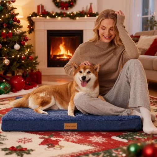 Patas Lague Orthopedic Dog Bed for Small Dogs 20''X15'', Soft Waterproof Egg Crate Foam Small Pet Crate Beds Mat with Removable Washable Cover and Non-Slip Bottom, Navy Blue
