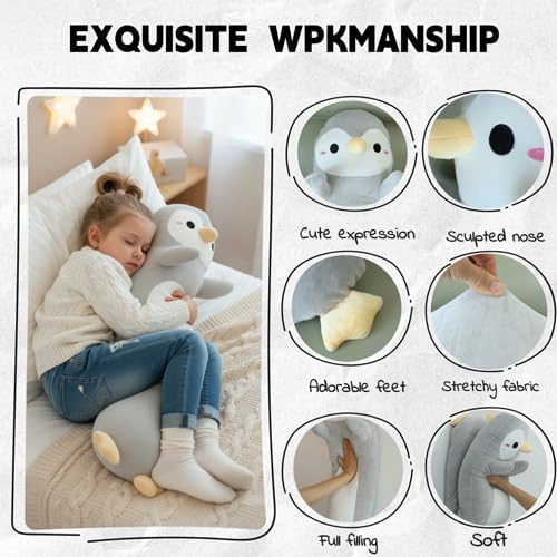 Somao Penguin Plush Pillow - 35.4 Inch Long Stuffed Animal, Ultra Soft Cuddle Pillow for Kids & Adults, Huggable Penguin Toy Gift for Birthday, Christmas, Valentine's Day (Gray)