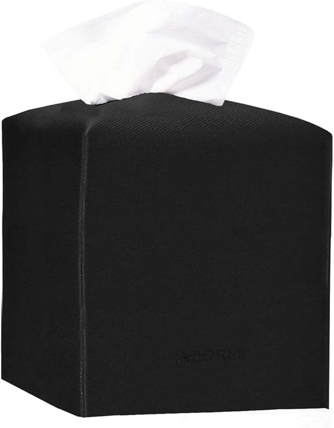 Tissue Box Cover, PU Leather Tissue Box Holder with Bottom Belt, Modern Square Tissue Box Covers with Wide Opening (Black, Woven Patterns)