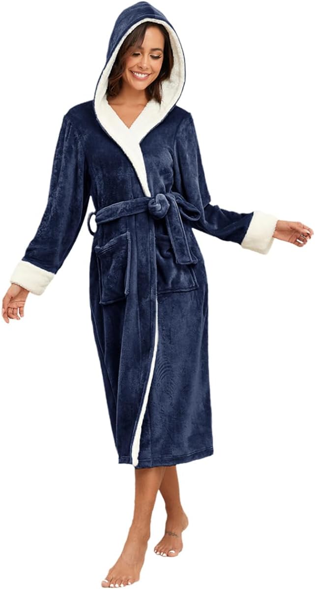 RONGTAI Womens Plush Fleece Hooded Bathrobe, Thick Nightgown Long Robe Sleepwear with Two Side Pockets and Belt