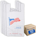 Easy Open HDPE Plastic Bag - 500 Bags/case - "American Flag" White T-Shirt Bag -1/6 BBL 11.5"x 6.5"x 21" - 18 microns - For Retail, Groceries, Merchandise, Convenience Store, Supermarket, Restaurant