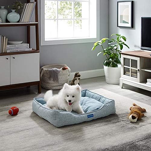 Sam's Pets Arlo Orthopedic Blue Plaid Dog Bed with Soft Fabric, Easy Cleaning, Non-Slip Grip, Modern Design, Medium