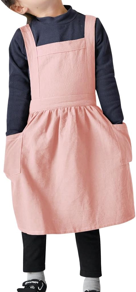 IWEMEK Kids Aprons for Girls Cooking Child Cotton Linen Apron Dress with Pockets Art Baking Gardening Painting Apron Pinafore