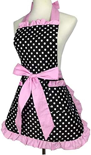 Hyzrz Cute Apron Retro Black Polka Dot Retro Ruffle Side Vintage Cooking Aprons with Pockets for Women Girls (Side Pink)