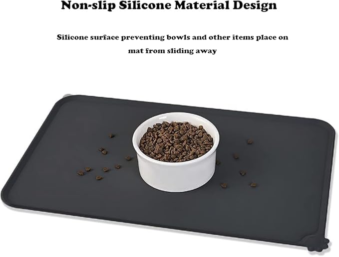 Silicone Pet Feeding Mat, Waterproof Dog Cat Bowl Mat, Raised Edges to Prevent Spills, Easy Clean Nonslip Dogs and Cats Placemat Tray to Stop Food and Water Bowl Messes on Floor (Black)