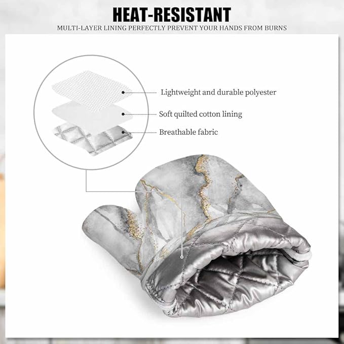 Mxocom White Marble Oven Mitt and Pot Holder with Silicone Fashion Marbling Granite Stone Gold Black Gray Heat Resistant Kitchen for Cooking BBQ Baking Grilling Spring/Summer