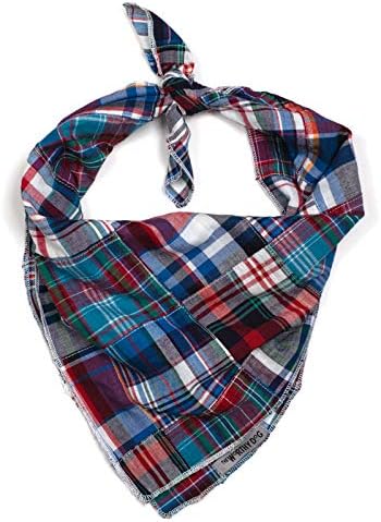 THE WORTHY DOG Classic Tie-On Dog Bandana – Soft Cotton Flannel Square Pet Bandana, Madras Pattern, Blue Multicolored, Small