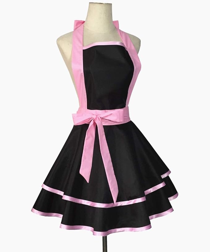 Hyzrz Lovely Handmade Cotton Retro Black Aprons for Women Girls Cake Kitchen Cook Apron for Mother's Gift (Pink)