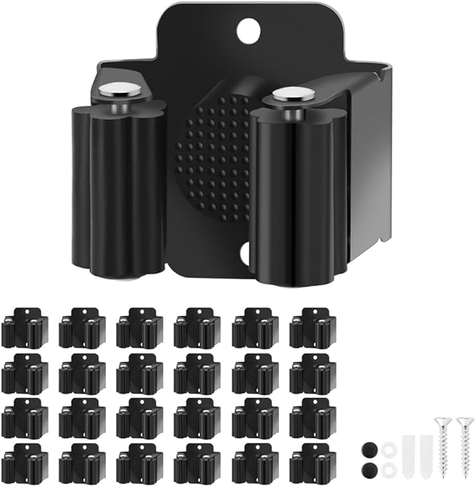 Yiows Broom Holder Wall Mount, 24PCS Broom Hanger Wall Mount, Stainless Steel Heavy Duty Mop Holder Broom Mop Hanger Wall with Screws, Garden Outdoor Tool Organizer Rack Broom Hanger (Black)