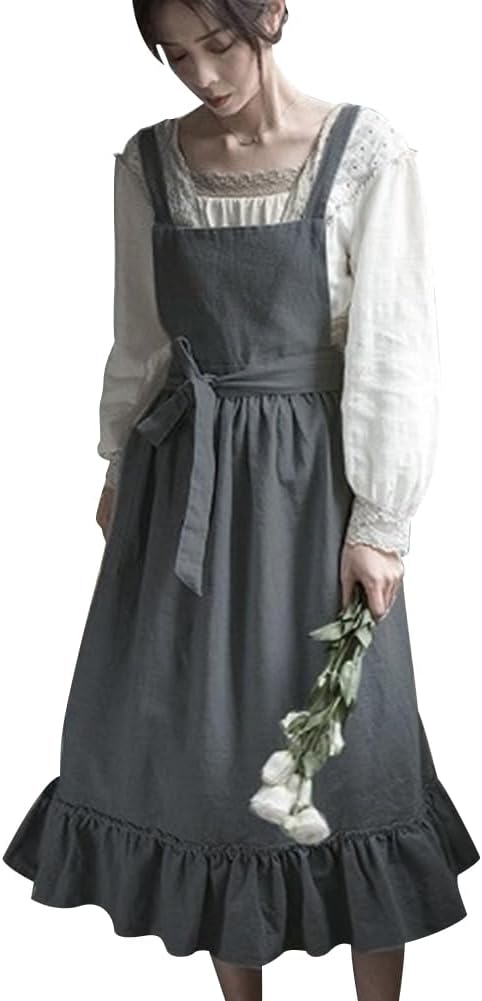 ODIZLI Frill Apron for Women Cotton Cross Back Vintage Ruffle Apron for Garden Cooking Aprons