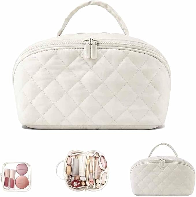 Petition Travel Makeup Bag For Women - Quilted Makeup Bag,180° Open Lay-Flat Cosmetic Case,5 Colors Large Capacity Waterproof Make Up Bag Set,With Compartments (White)