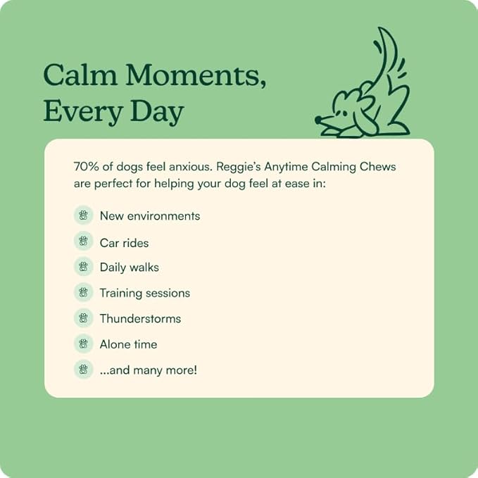 Reggie Anytime Calming Chews for Dogs | Natural Anxiety Relief with L-Theanine & Magnolia Barks | Calming Dog Treats for Separation Anxiety, Thunderstorms, Travel & Stress | 60 Soft Chews