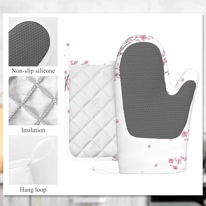 Mxocom Cherry Blossom Heat-Resistant Oven Mitts and Pot Holder Watercolor Branch of Flowers Kitchen Non-Slip Cooking Microwave Gloves for Cooking Baking Grilling
